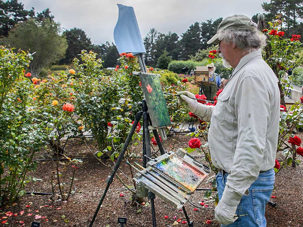 A man carefully paints a vibrant rose garden, capturing the beauty of the flowers in his artwork.